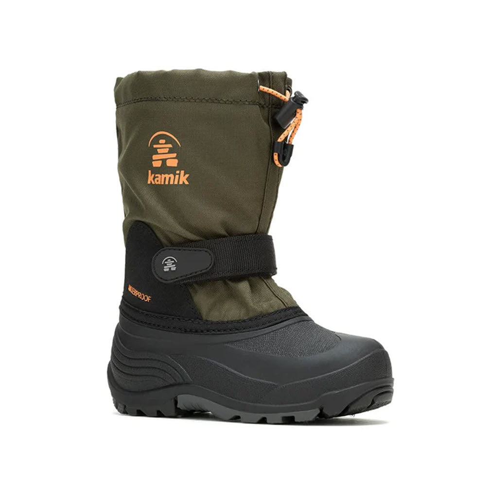 A single Kamik Waterbug 5 kids&#39; boot in dark olive, featuring a Velcro strap and branded detailing on the side, is shown from a side perspective against a white background, ideal for winter adventures.