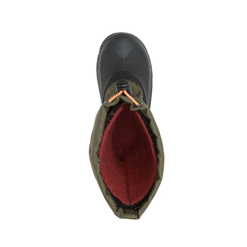 Top view of the Kamik Waterbug 5 Dark Olive - Kids boot, featuring a black toe, dark olive exterior, and red lining, ideal for winter adventures, displayed against a white background.