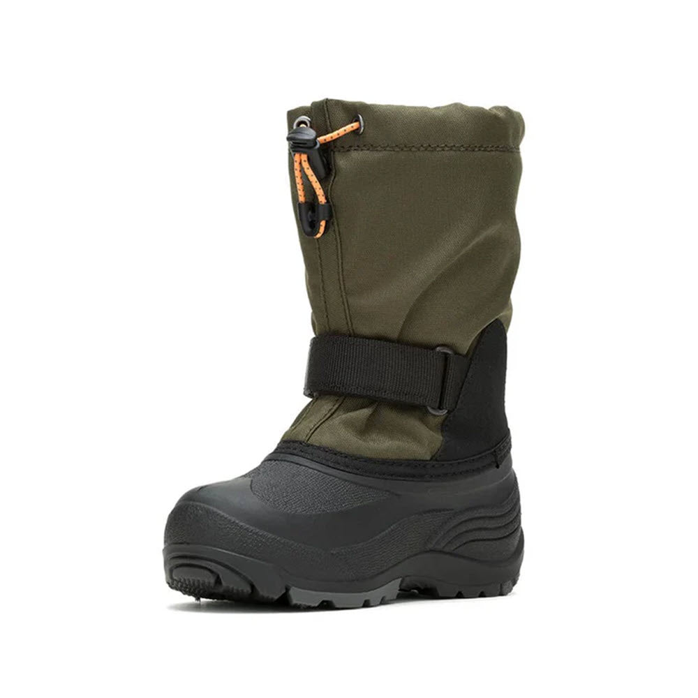 The Kamik Waterbug 5 in Dark Olive is a children&#39;s boot with a rugged sole, adjustable strap, and orange toggle, making it perfect for winter adventures. Available in an eye-catching dark olive color, it ensures your young explorer stays stylishly warm.