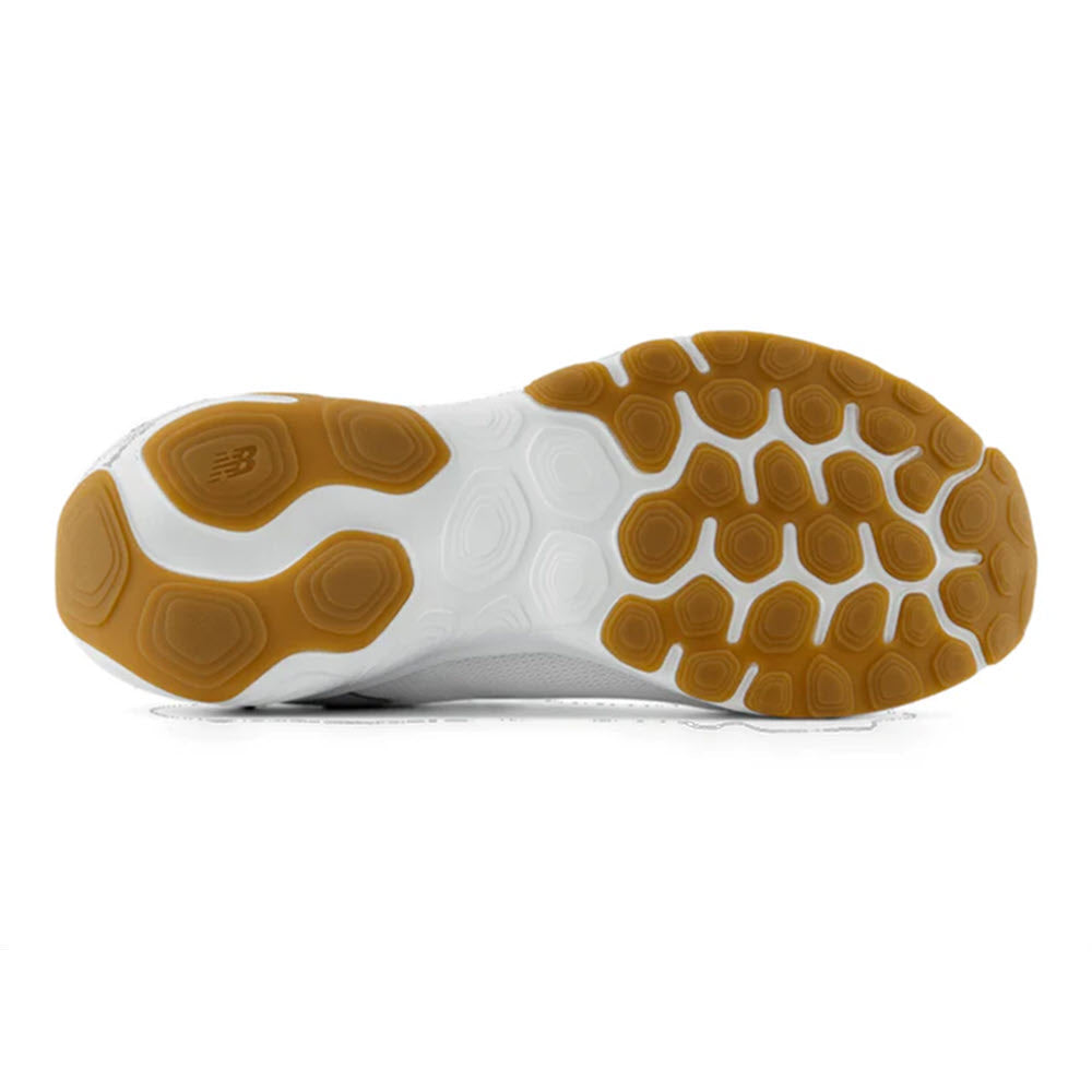 Bottom view of the New Balance Fresh Foam X 1440 shoe for men, showcasing a striking design with a pattern of white and brown hexagonal tread on the sole.