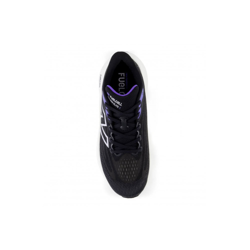 Top view of the black New Balance FuelCell Walker Elite athletic shoe for women in Black/Electric Indigo, featuring purple and white accents, the label &quot;FuelCell&quot; on the side, and a lace-up closure.