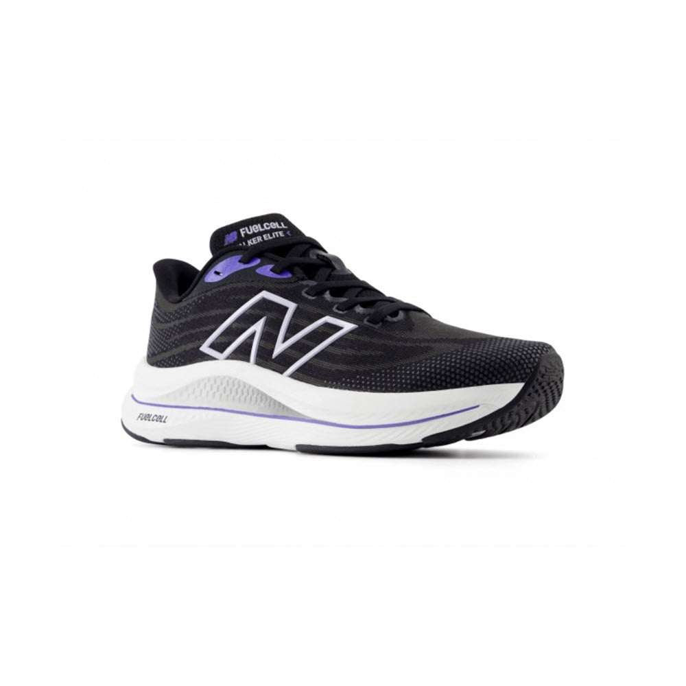 The NEW BALANCE FUELCELL WALKER ELITE BLACK/ELECTRIC INDIGO for women is a black and white athletic shoe featuring prominent &quot;New Balance FuelCell&quot; branding on the sole, a large &quot;N&quot; logo on the side, mesh material, angular design elements, and innovative Walking Strike Path technology.