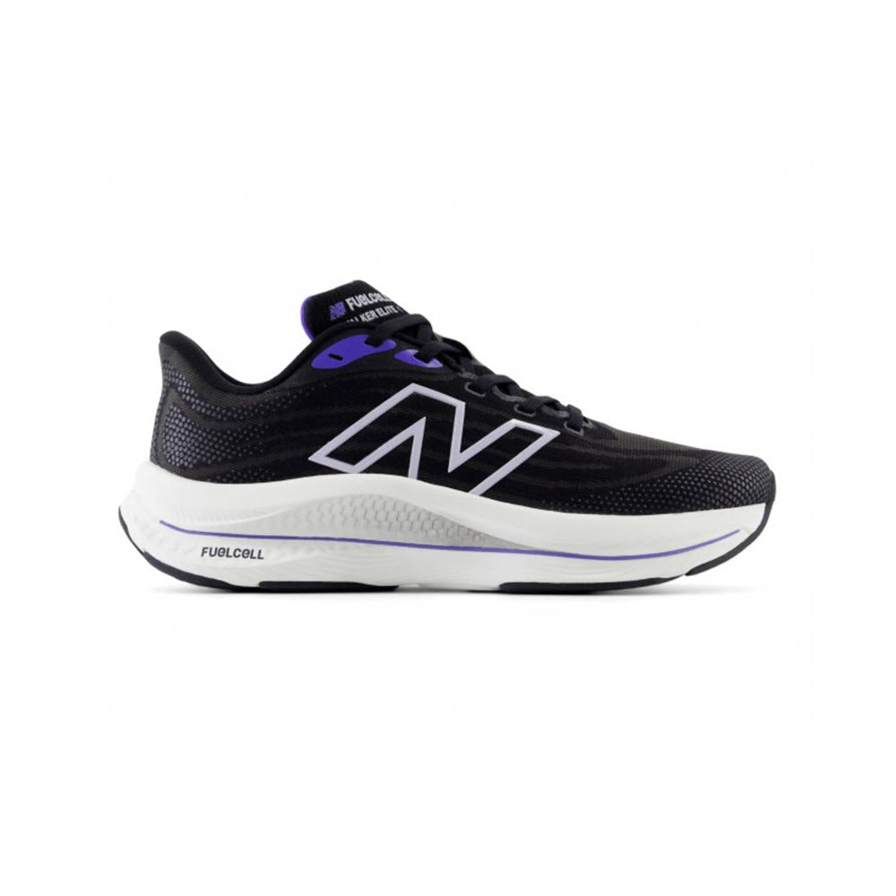 Side view of the New Balance FuelCell Walker Elite in black with electric indigo accents, featuring a large &#39;N&#39; logo on the side, labeled &quot;New Balance FuelCell&quot; on the sole, and designed with APMA Seal of Acceptance for exceptional comfort.