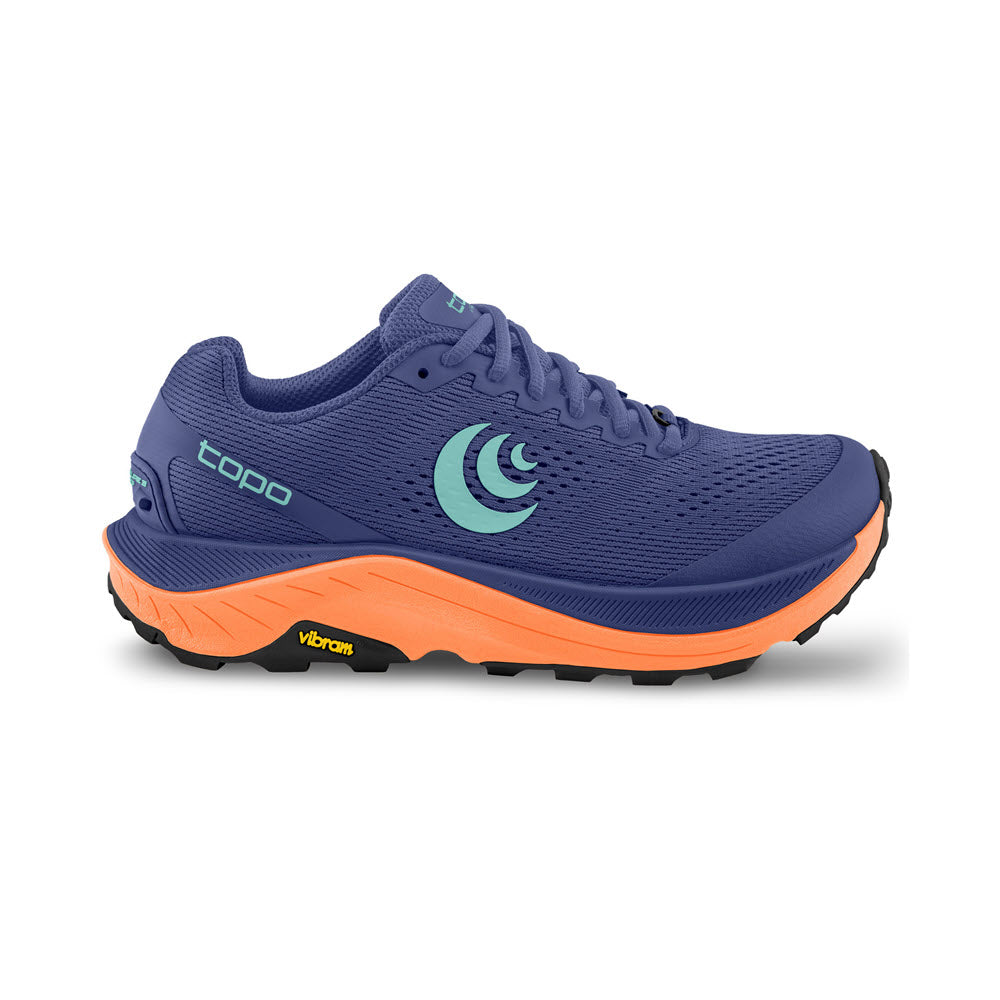 A purple and orange running shoe featuring the "topo" logo and a teal design on the side. The shoe boasts black treads with a Vibram XS Trek EVO outsole and a "Vibram" label on the bottom. This TOPO ULTRAVENTURE 3 model ensures comfort with its innovative ZipFoam compound.