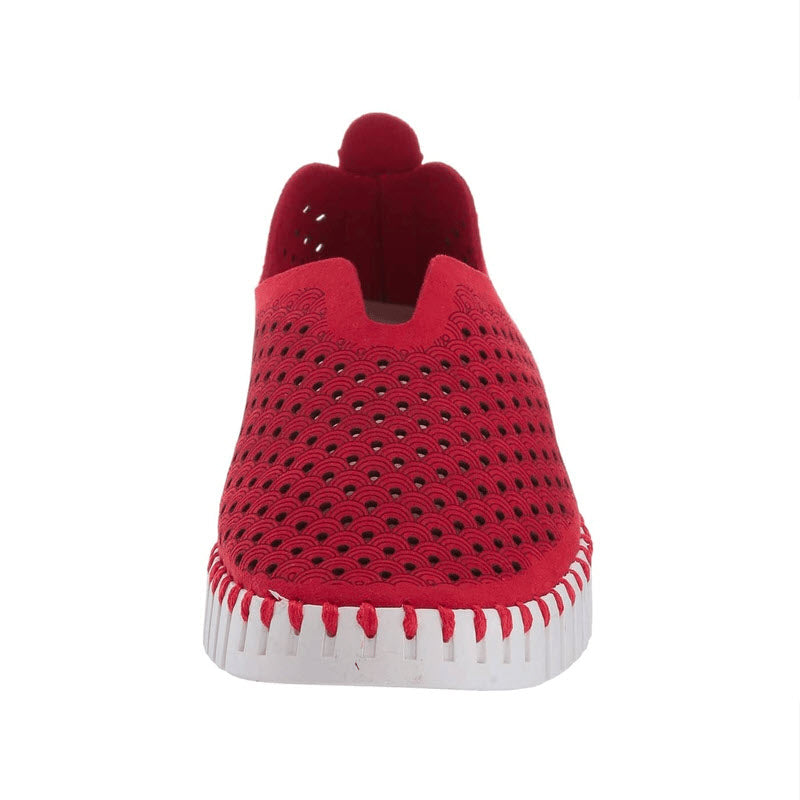 Front view of the **Ilse Jacobsen Tulip 139 Brick Red** women&#39;s lightweight slip-on shoe, featuring a perforated design with recycled microfiber uppers and a white sole.