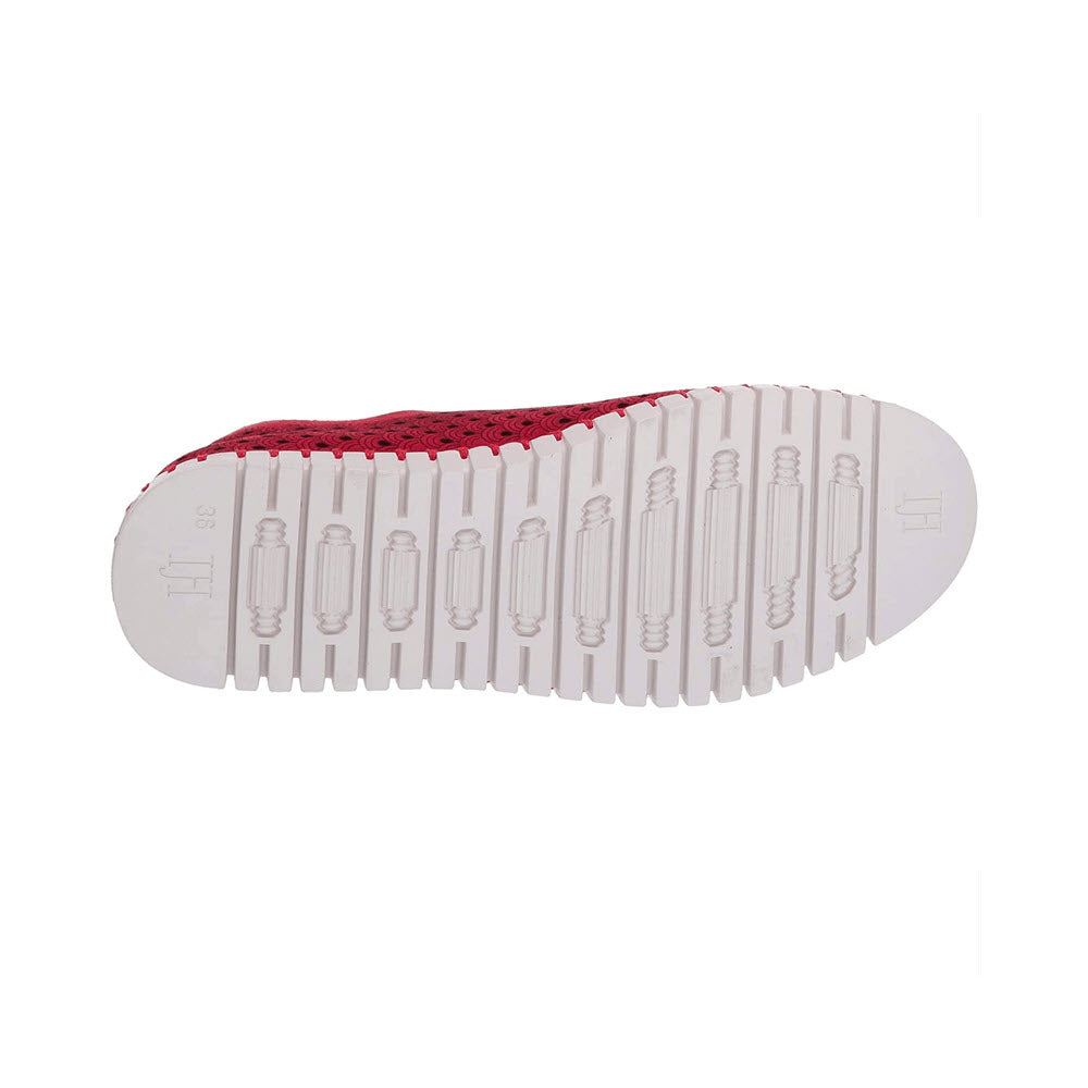 The image shows the white grooved sole of a lightweight slip-on shoe with brick red recycled microfiber uppers from Ilse Jacobsen, specifically the ILSE JACOBSEN TULIP 139 BRICK RED - WOMENS, displayed against a plain white background.