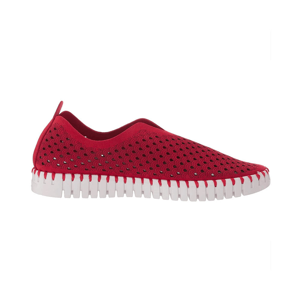 An ILSE JACOBSEN TULIP 139 BRICK RED women&#39;s slip-on shoe from Ilse Jacobsen, featuring a lightweight design with perforated recycled microfiber uppers and a white segmented rubber sole.