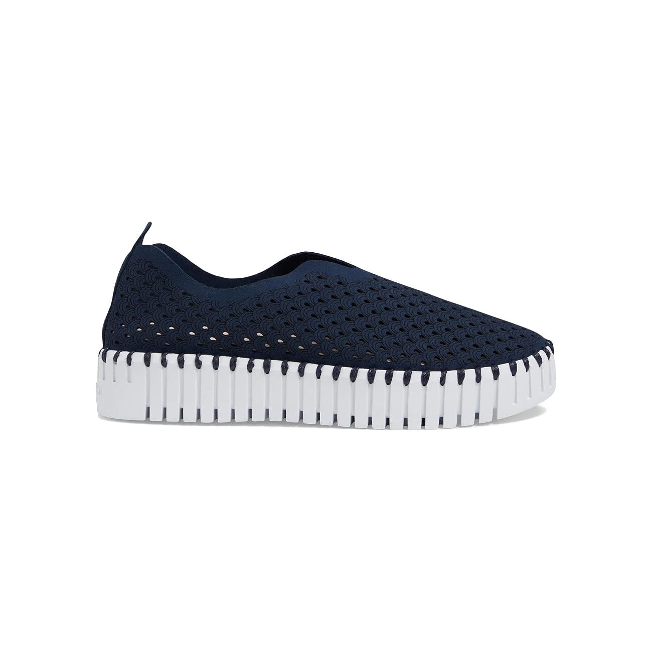 The ILSE JACOBSEN TULIP 3373 DARK INDIGO - WOMENS by Ilse Jacobsen, with its navy blue, water-resistant slip-on design, perforated upper, and white ribbed sole, makes for the perfect everyday shoe.