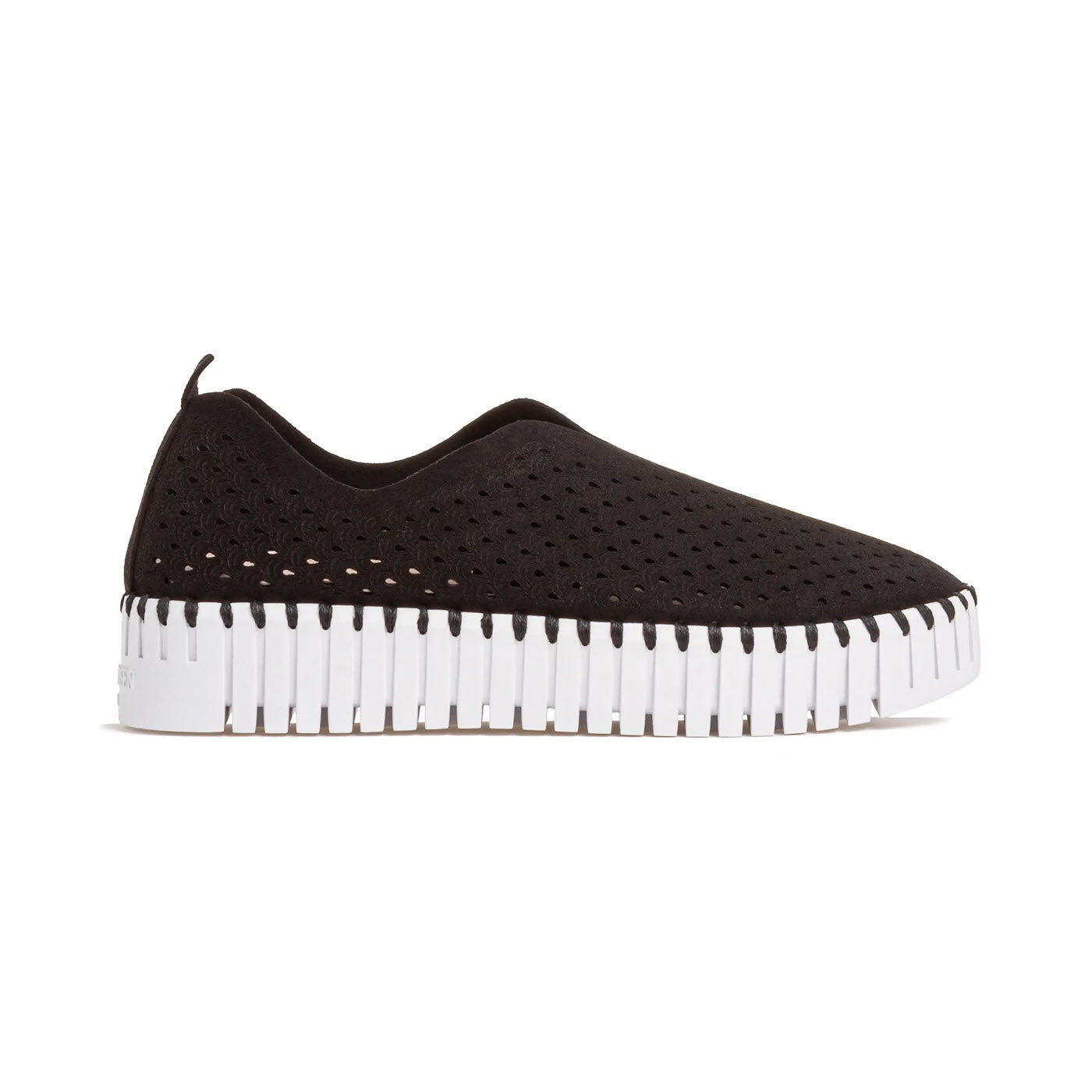 A side view of a black, water-resistant slip-on shoe with a perforated upper and a white, ridged rubber sole, perfect as an everyday shoe: the Ilse Jacobsen ILSE JACOBSEN TULIP 3373 BLACK - WOMENS.