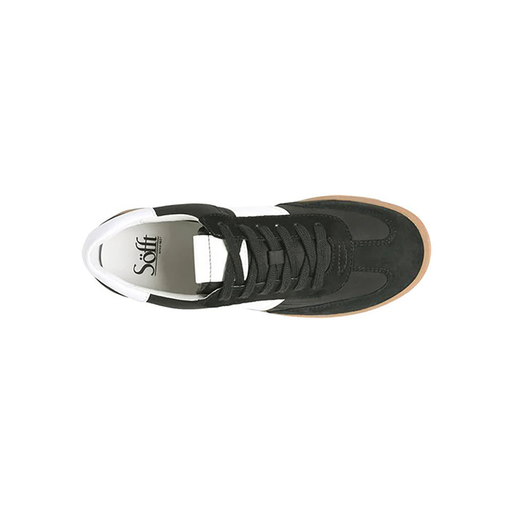 Top view of a black and white Sofft brand SOFFT RUBY BLACK - WOMENS sneaker with laces and a gum sole, perfect for achieving that modern-cool work look.