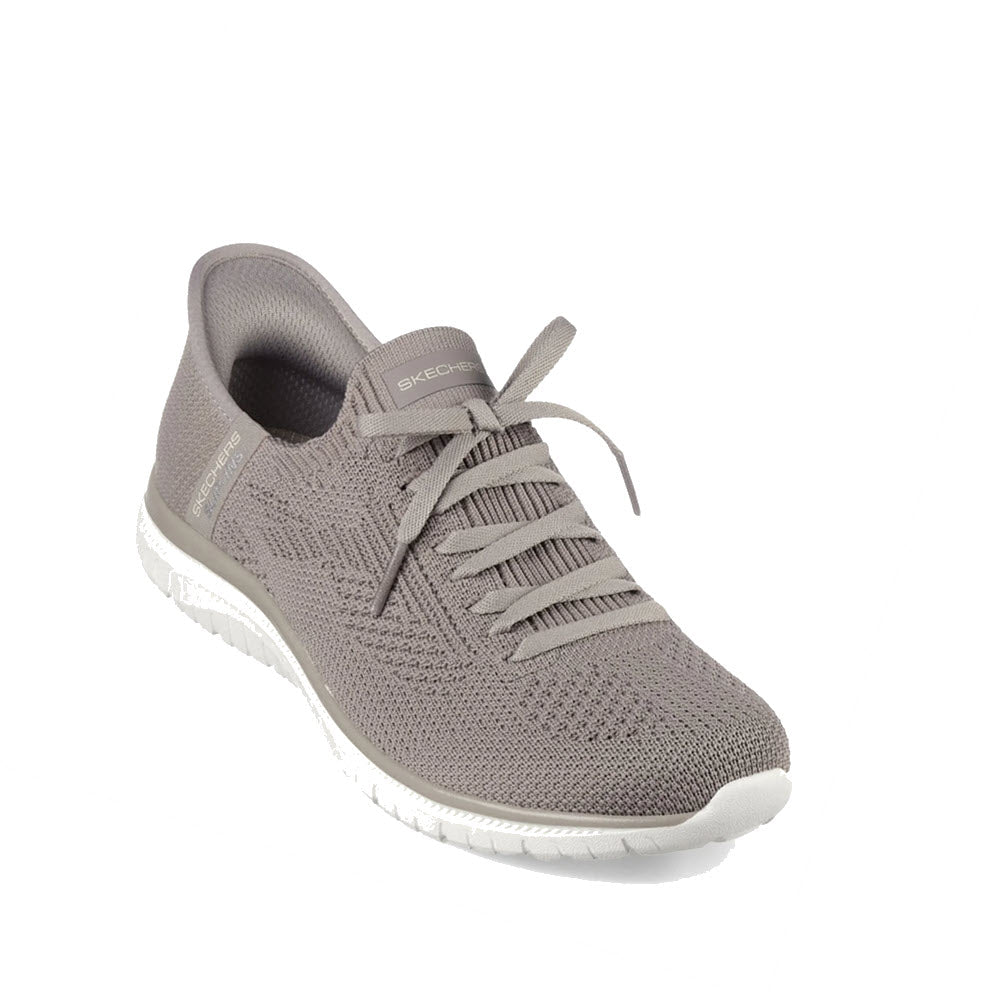 Taupe Skechers Slip-Ins Virtue Divinity women&#39;s shoe with a knit fabric upper, white sole, and lace-up design, featuring Air-Cooled Memory Foam for added comfort, viewed from a slight angle.