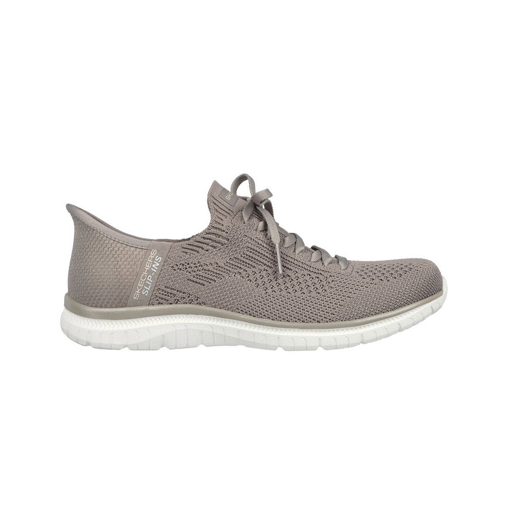 A single gray athletic shoe with a knit upper, lace-up closure, and white rubber sole featuring Air-Cooled Memory Foam. Right side view. The product is the SKECHERS SLIP-INS VIRTUE DIVINITY TAUPE - WOMENS from Skechers.