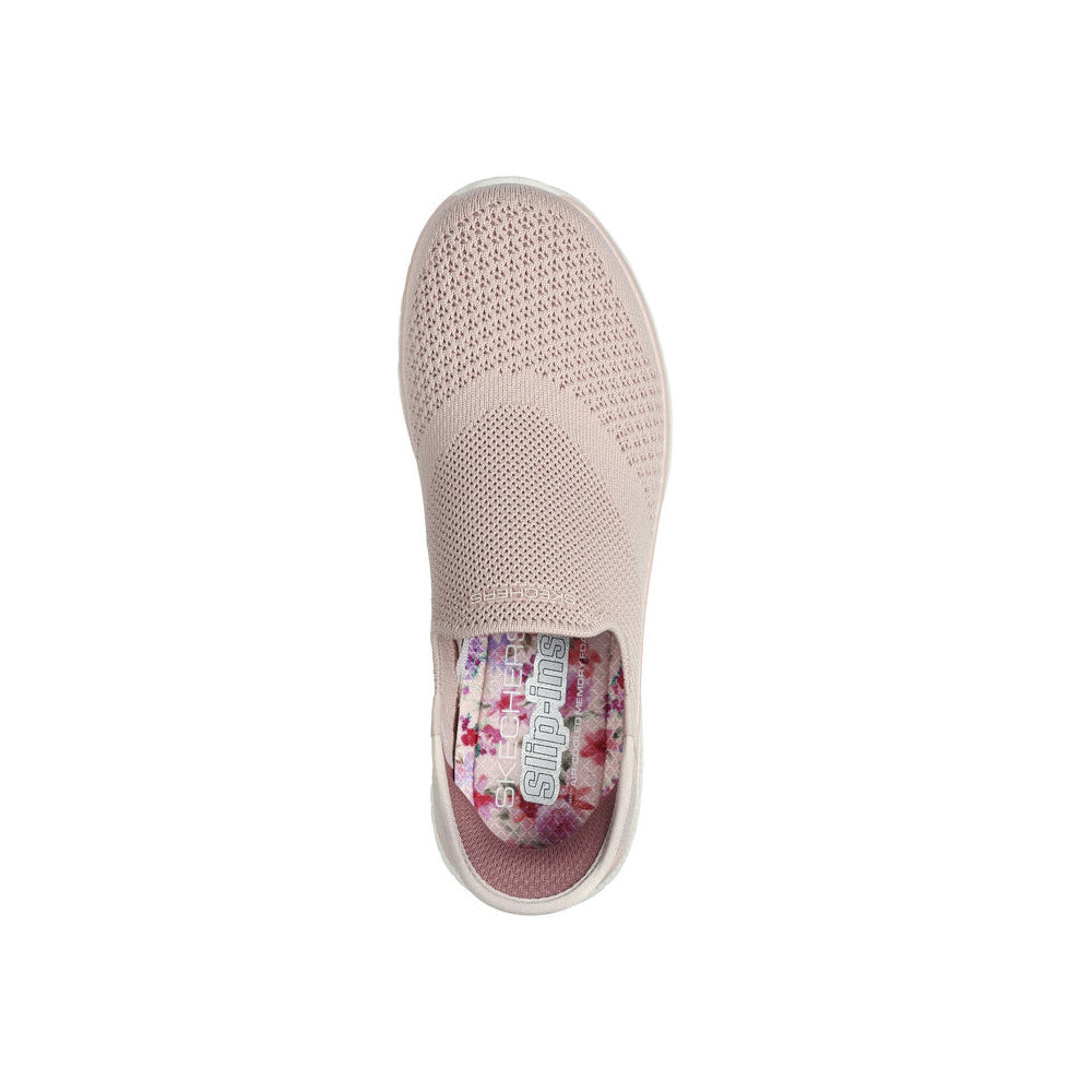 Top view of a single pink slip-on shoe with a Stretch Fit engineered knit upper, mesh fabric, and a decorated inner sole featuring Skechers Air-Cooled Memory Foam insole. This is the SKECHERS SLIP-INS VIRTUE SLEEK ROSE - WOMENS by Skechers.