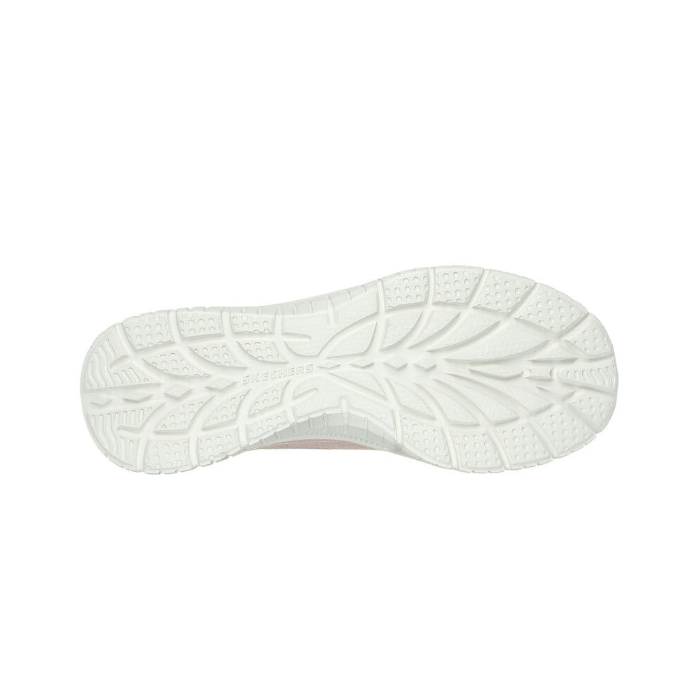 Bottom view of a white rubber shoe sole with intricate tread patterns, including grooves and textured surfaces for grip. The SKECHERS SLIP-INS VIRTUE SLEEK ROSE - WOMENS feature a Stretch Fit engineered knit upper and a Skechers Air-Cooled Memory Foam insole for unparalleled comfort.