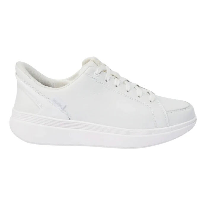 A side view of a white, low-top athletic sneaker with a stretch canvas upper, featuring dual underfoot cushioning, a white sole, and white laces. The Kizik SYDNEY WHITE is perfect for your next jog around Irvine.