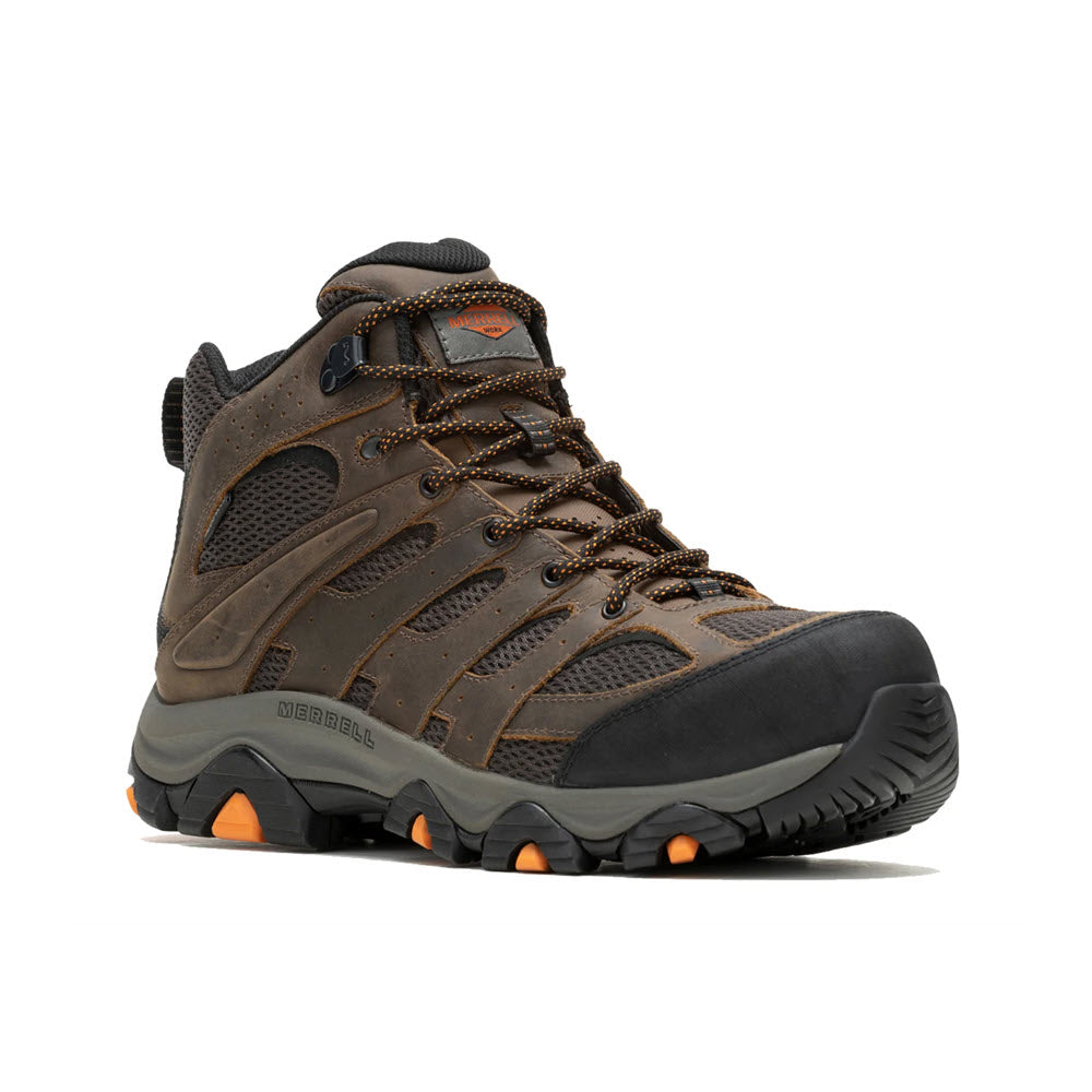 Presenting the Merrell Carbon Toe Moab Vertex 2 Mid Waterproof Boot Earth for men, featuring a rugged brown design with a black toe cap, orange accents, and a thick treaded sole. This boot is crafted from recycled materials, making it perfect for outdoor use.