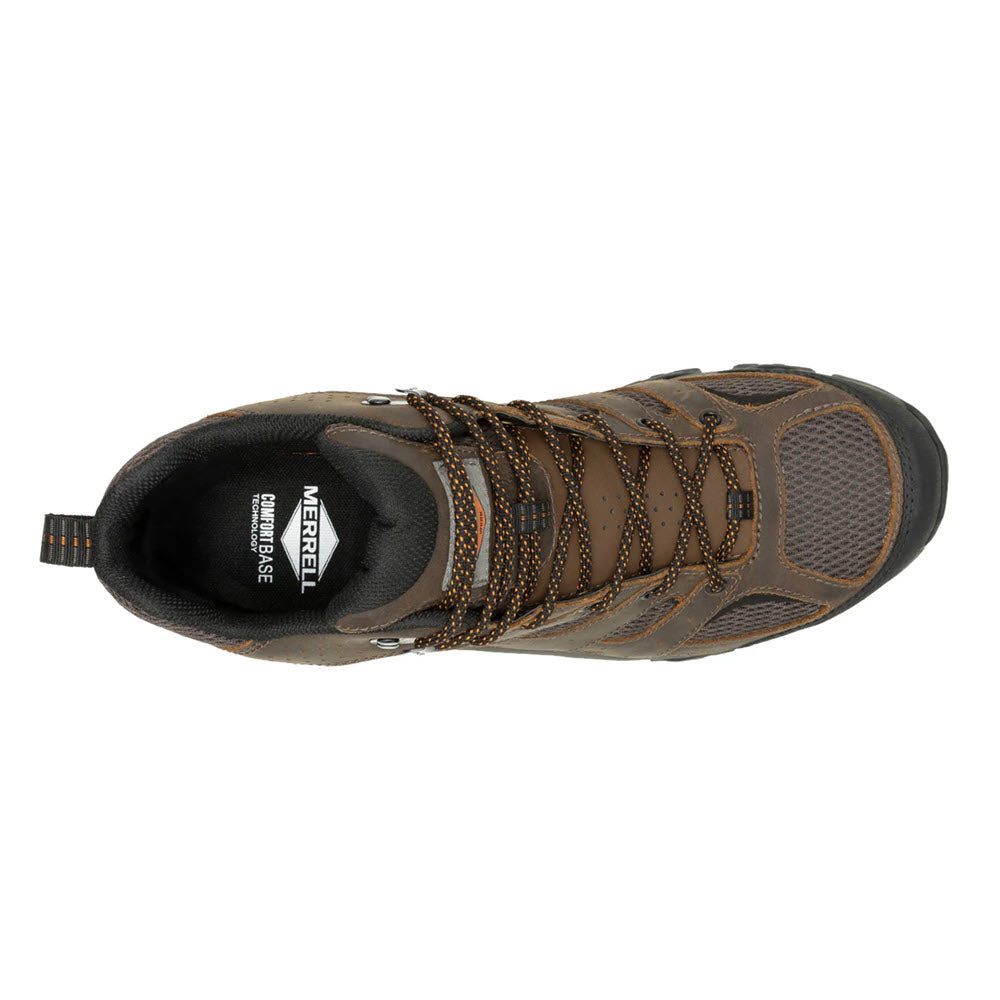 Experience an eco-friendly adventure with the top view of the Merrell Carbon Toe Moab Vertex 2 Mid Waterproof Boot in Earth for men, featuring a lace-up design, brown and black hues, and textured mesh details crafted from recycled materials.