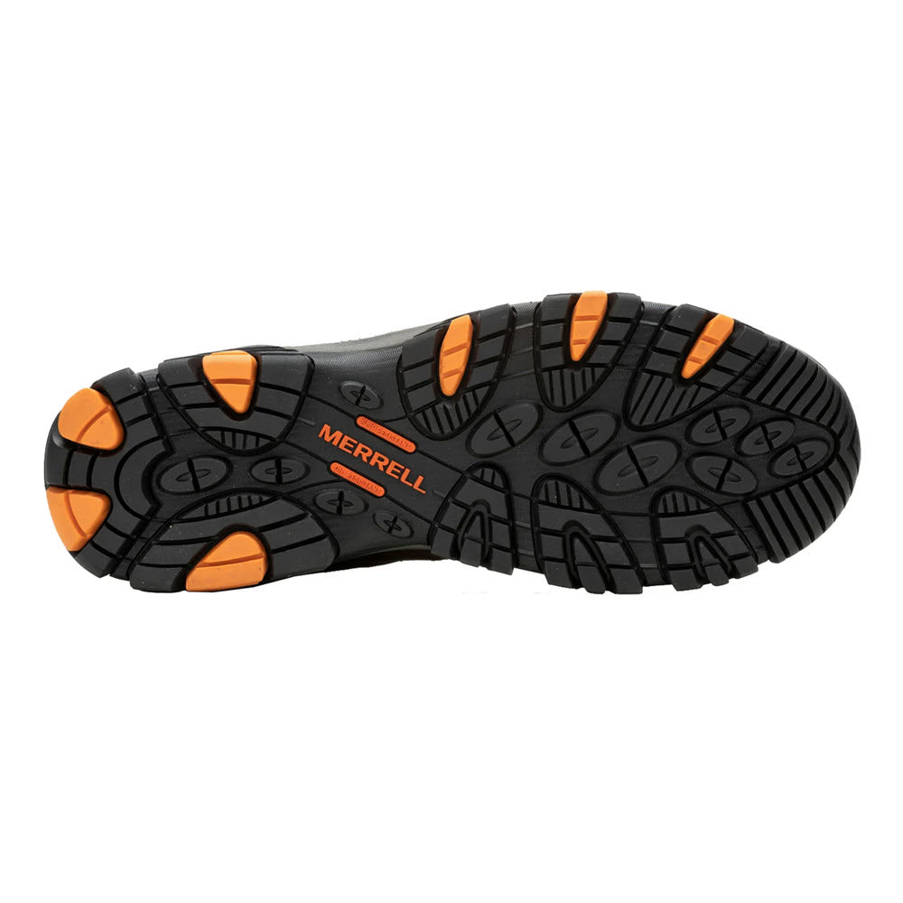 The image displays the sole of the MERRELL CARBON TOE MOAB VERTEX 2 MID WATERPROOF BOOT EARTH for men, showcasing an orange and black tread with the brand name &quot;Merrell&quot; prominently in orange. Constructed using recycled materials, this eco-friendly boot seamlessly combines style with sustainability.