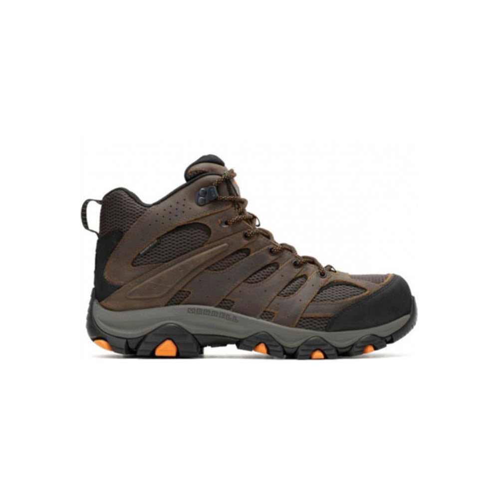 The MERRELL CARBON TOE MOAB VERTEX 2 MID WATERPROOF BOOT EARTH by Merrell, designed for men, is displayed from the side on a white background. This brown hiking boot features black accents, orange details, and a gray sole. Crafted with recycled materials, it offers eco-friendly durability suitable for any adventure.