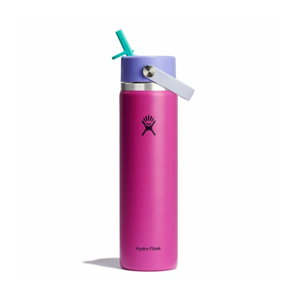 Introducing the HYDROFLASK 24OZ WIDE FLEX CAP HOLIDAY PUNCH: a vibrant pink water bottle from Hydro Flask, featuring a purple lid, green straw, and convenient carrying handle. This stylish and leakproof design stands out brilliantly against the white background.