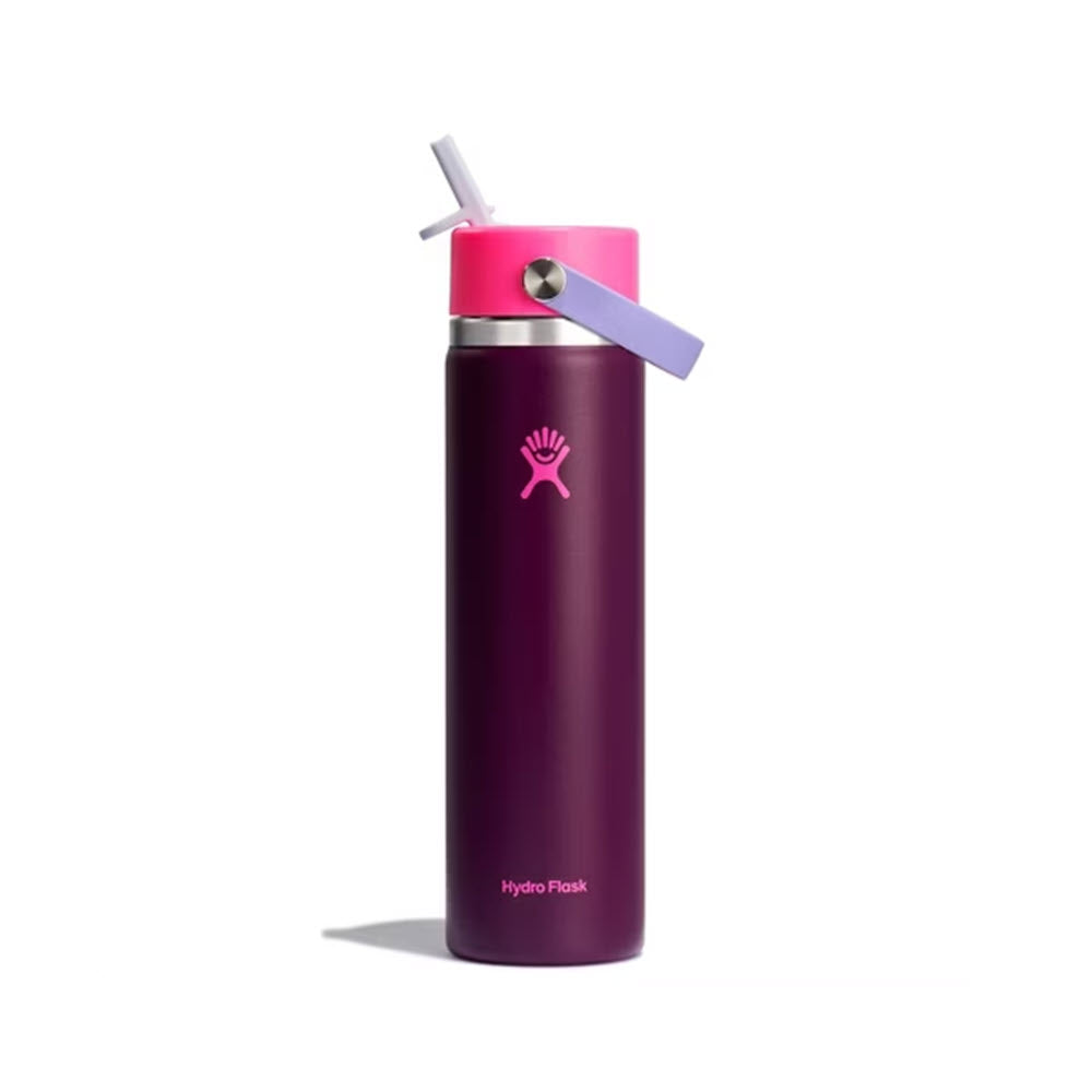 HYDRO FLASK 24OZ WIDE FLEX STRAW CAP SUGAR PLUM by Hydro Flask, featuring a blend of purple with a pink lid and handle, is designed to keep your drink secure with its leakproof feature.