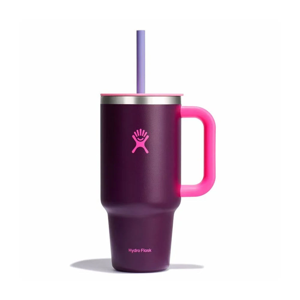 The Remix Collection includes the Hydro Flask 32oz Travel Tumbler in Sugarplum, featuring a pink handle and matching straw, complete with a stylish logo on the front.