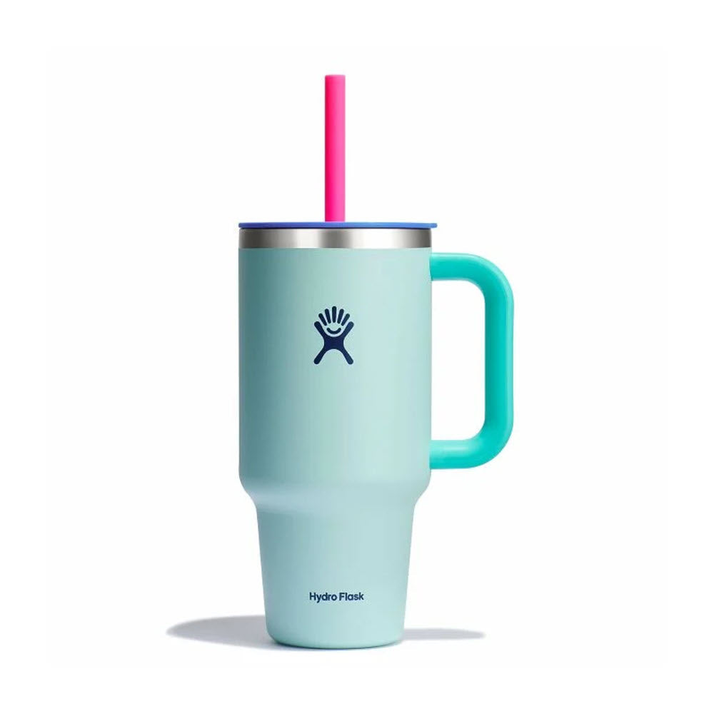 Introducing the Hydro Flask 32oz Travel Tumbler in Polar Plunge, a limited edition light blue insulated mug with a handle and a pink straw, ideal for anyone looking for a stylish travel tumbler.