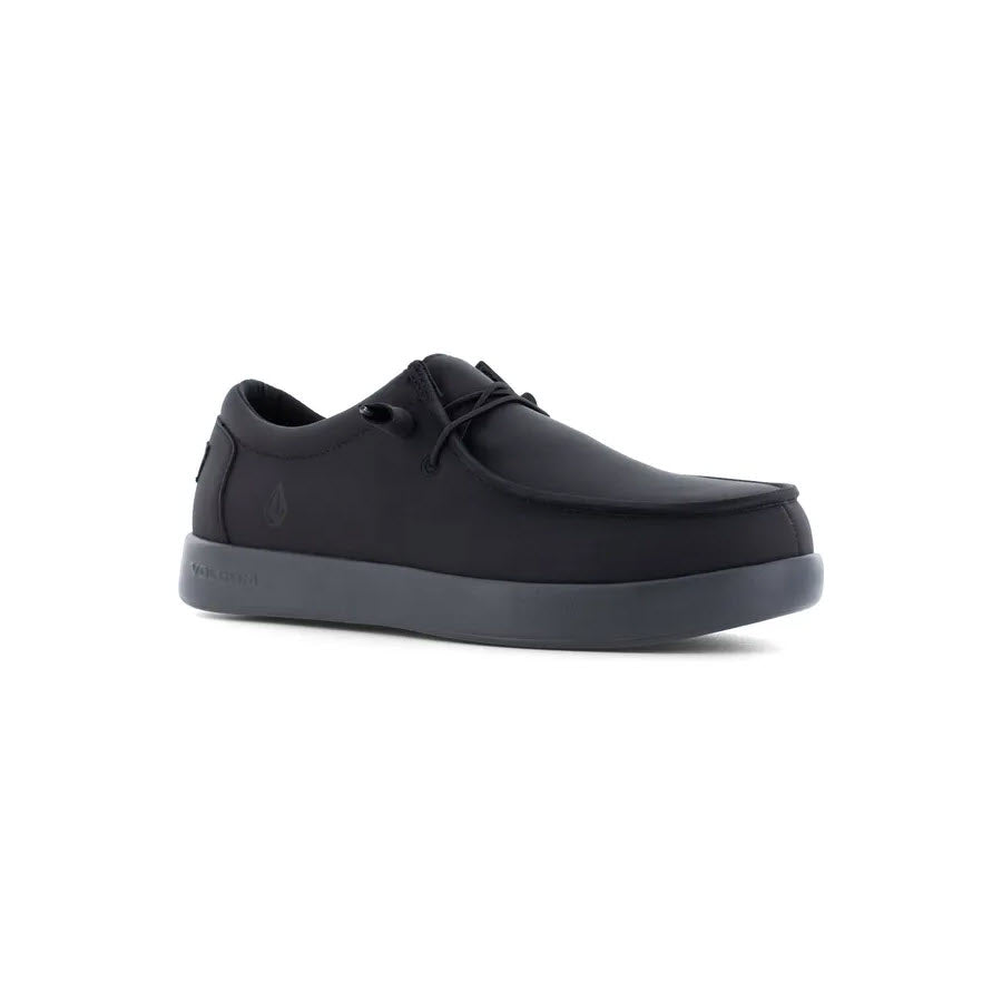 The Volcom Composite Toe Chill Slip On Work Shoe ESD Black for men is a single black low-top casual shoe with a rounded toe, lace-up front, and slightly elevated sole, perfect as a slip-resistant work shoe.