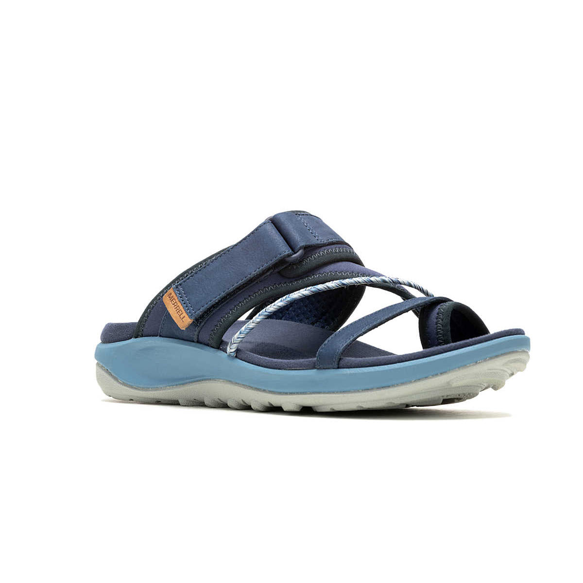 A blue MERRELL TERRAN 4 POST SEA - WOMENS with a grey rubber outsole featuring multiple adjustable straps and a Velcro fastening for all-day comfort by Merrell.