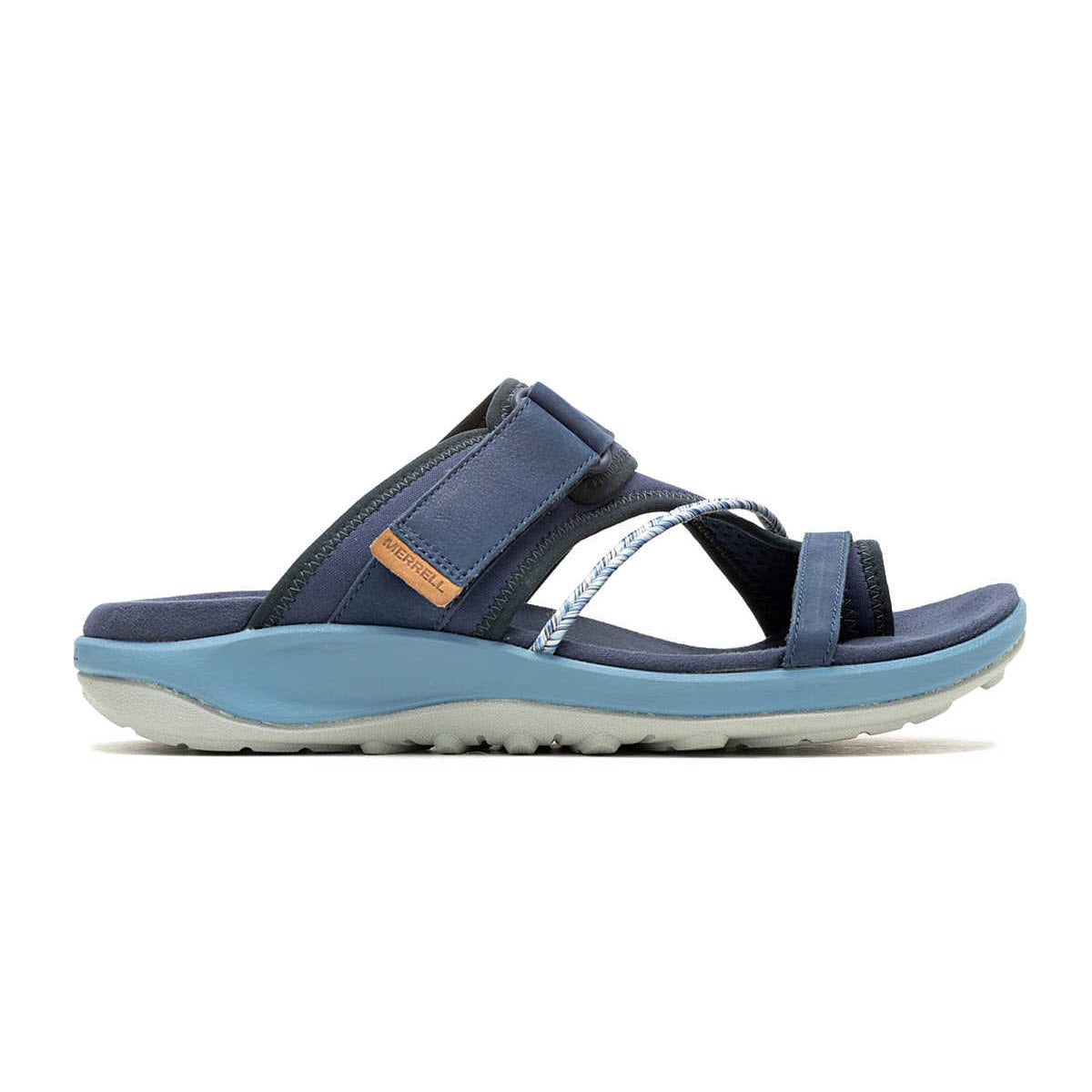 A blue and gray open-toed sandal with a thick rubber outsole and multiple adjustable straps, including one with a small leather patch logo and a braided detail, the Merrell MERRELL TERRAN 4 POST SEA - WOMENS.