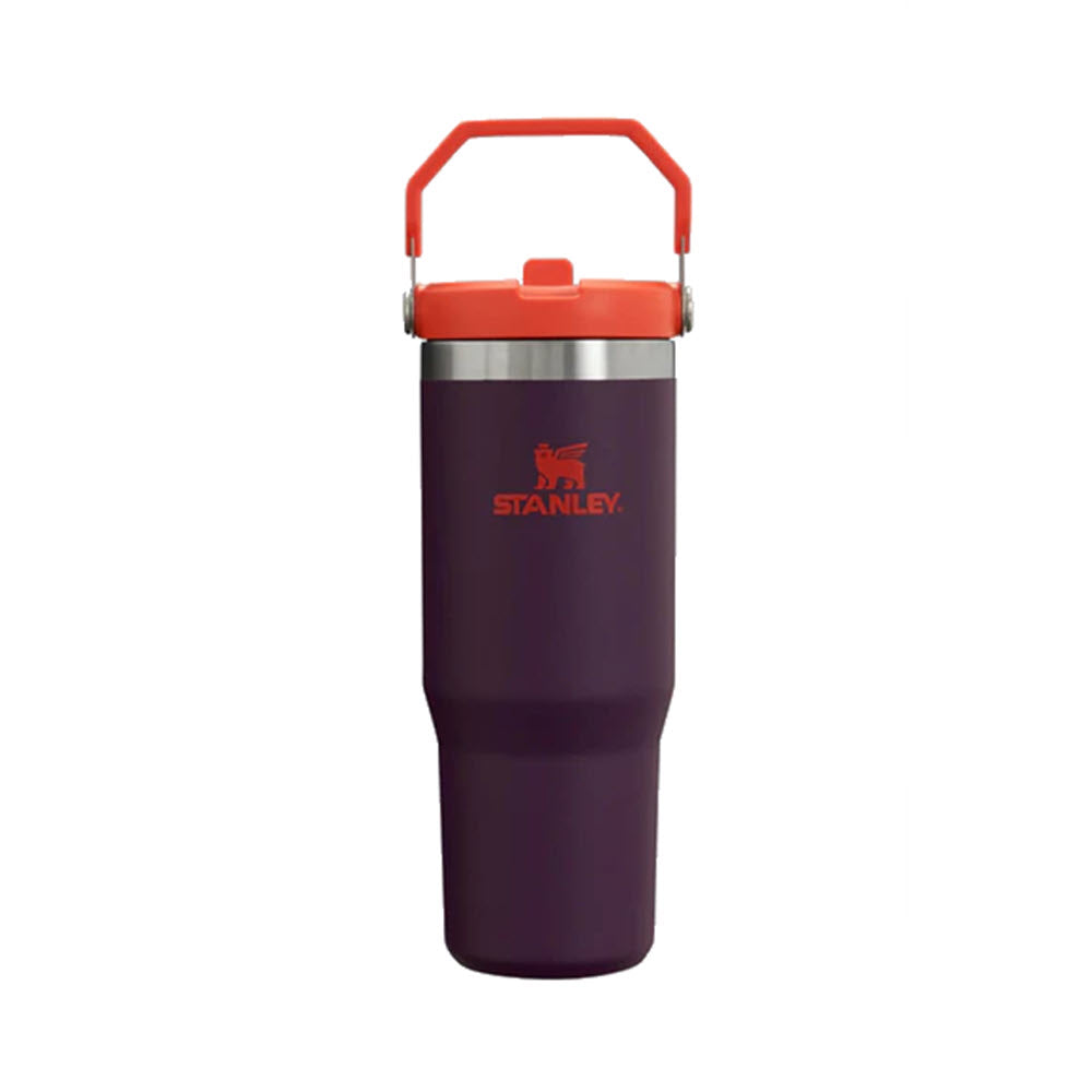 A STANLEY ICEFLOW TUMBLER 30OZ PLUM comes in a striking plum color with a red lid and handle, prominently displaying the Stanley logo. Its stainless steel construction and double-wall insulation are ideal for maintaining your drinks at the preferred temperature.