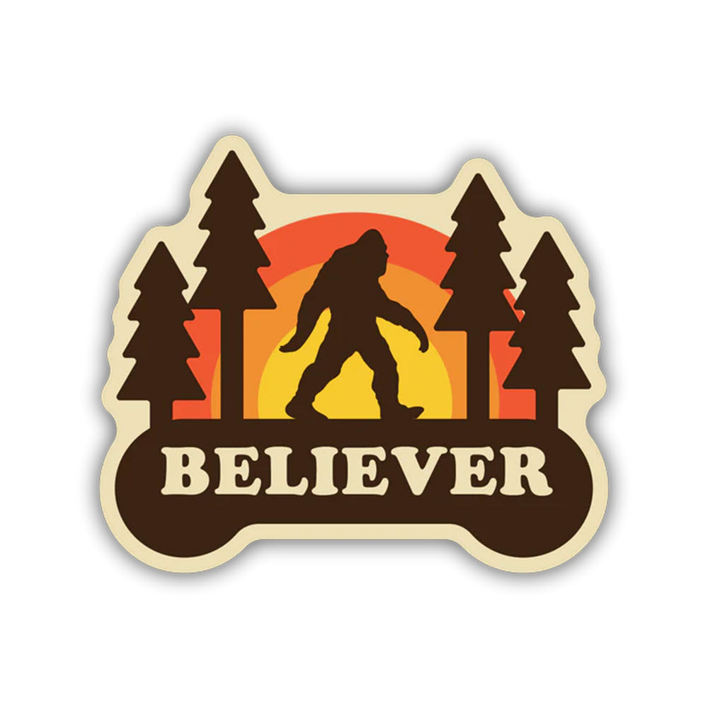 Silhouette of Bigfoot walking among trees with a sunset background, with the word "BELIEVER" in bold letters below. This STICKERS NORTHWEST BELIEVER from Stickers Northwest is made from high-quality vinyl, ensuring it remains waterproof and durable.