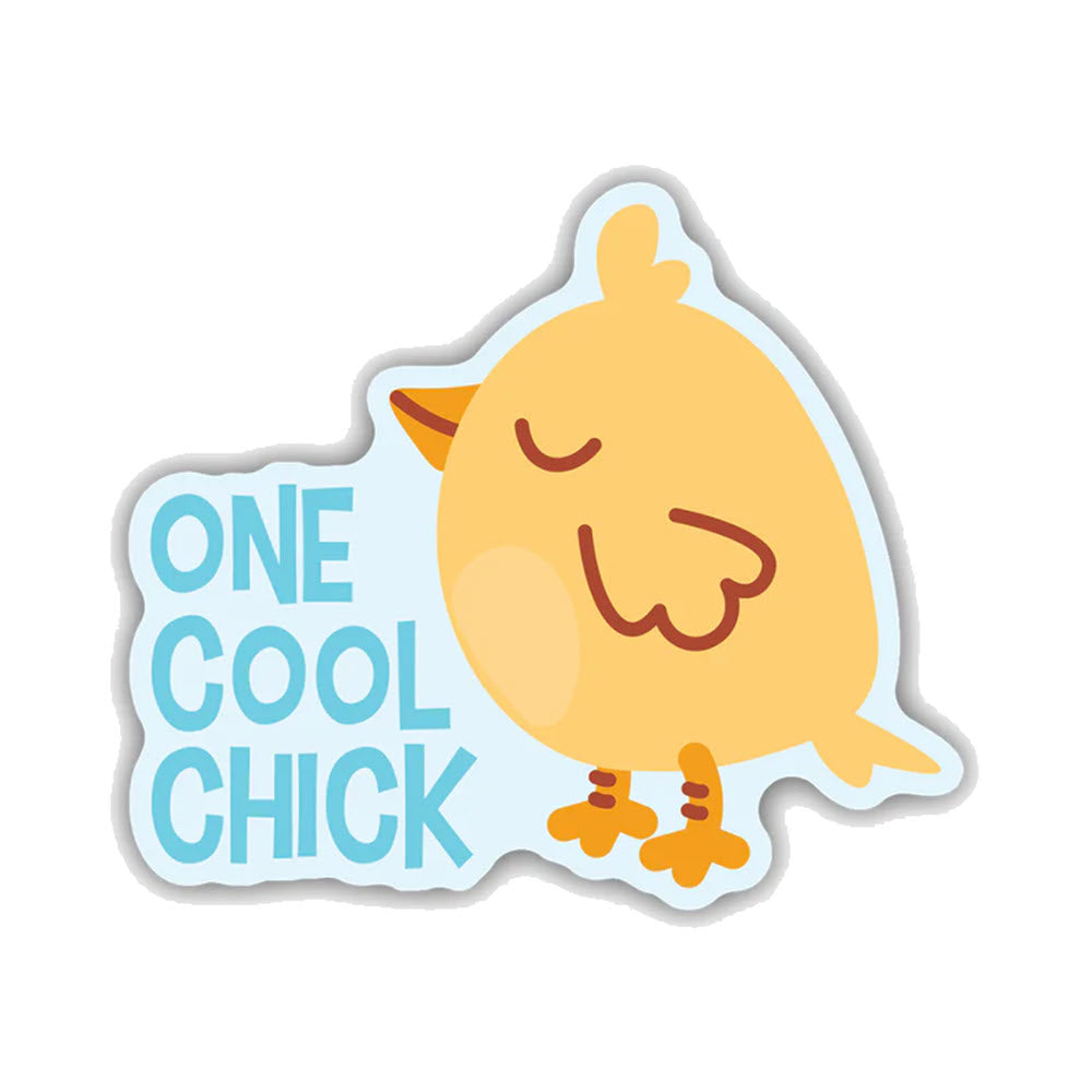 Cartoon of a yellow chick with its eyes closed standing next to the text "ONE COOL CHICK" on a blue background, holding a water bottle. The product is called STICKERS NORTHWEST ONE COOL CHICK by Stickers Northwest.