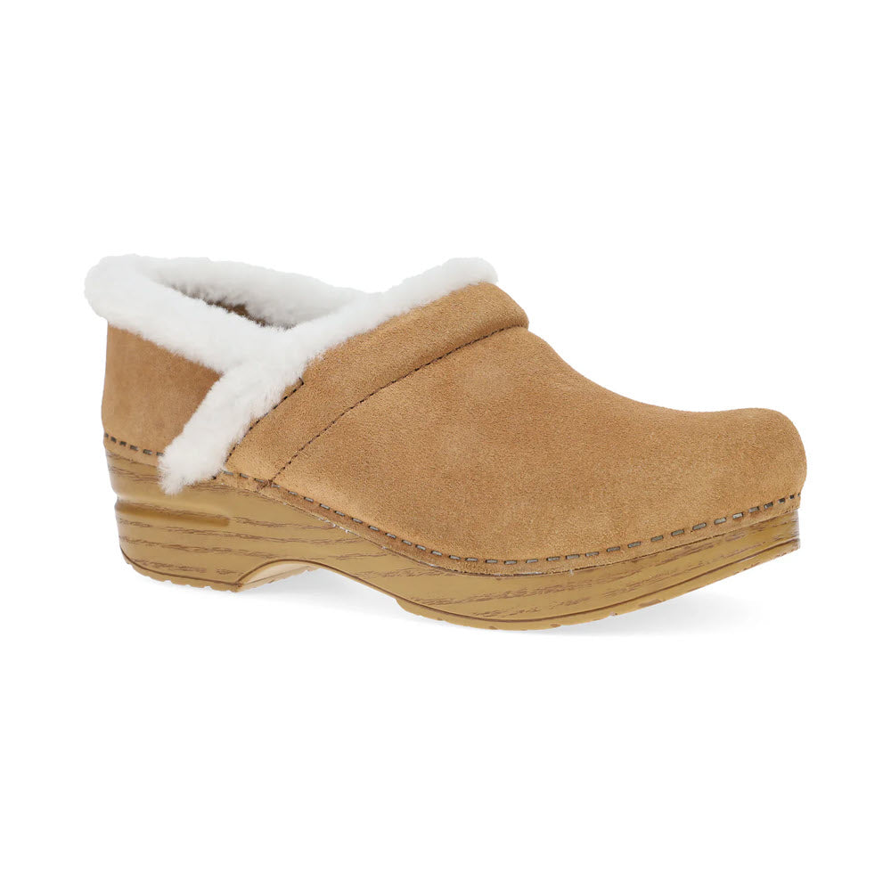 The Dansko Professional Cozy Suede clogs for women feature a brown suede upper with a reinforced toe box and faux fur lining, complemented by a contoured footbed and a light brown ridged sole.