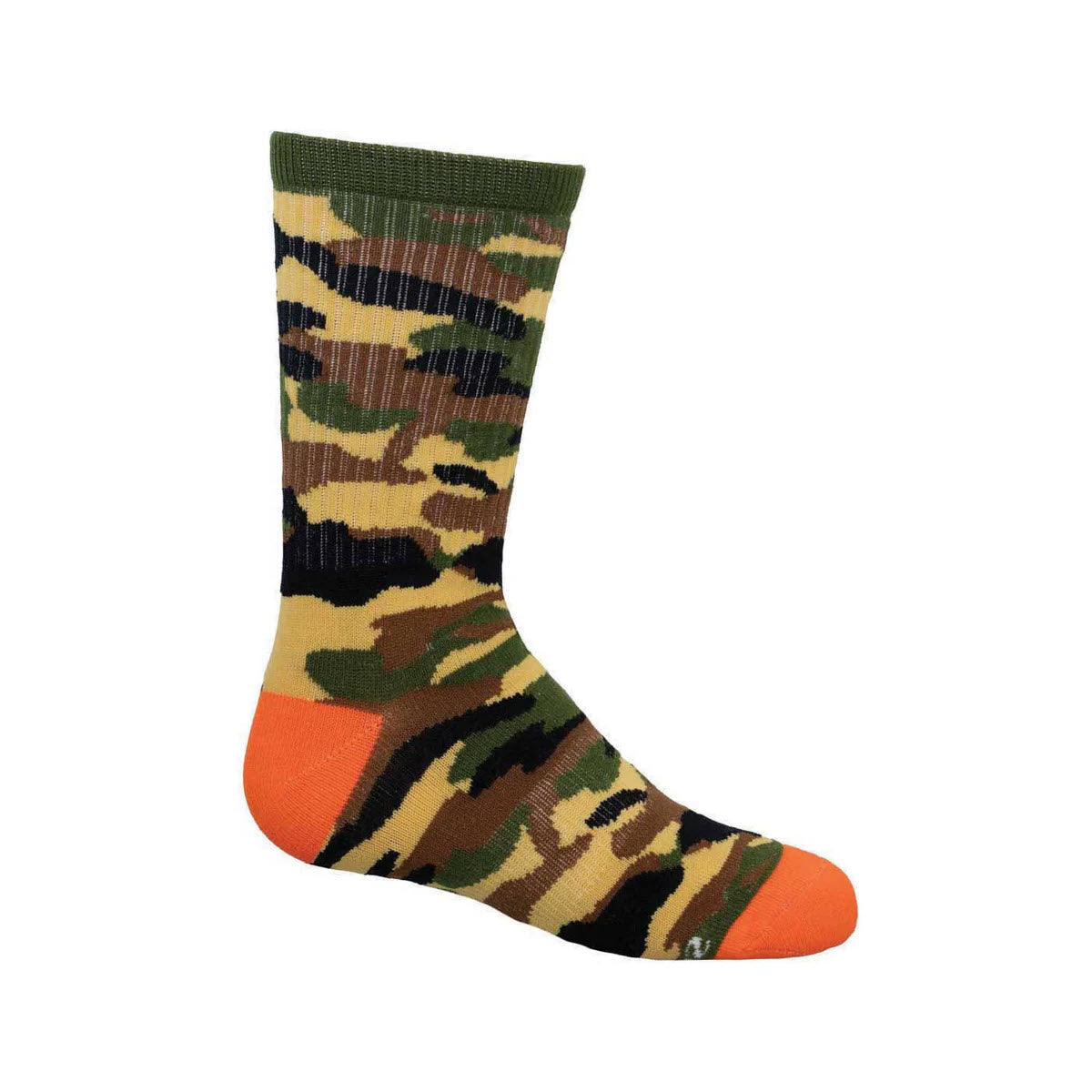 Description: The Socksmith Crew Socks Camouflage for kids feature a stylish camouflage pattern with vibrant orange heel and toe sections, set against a white background, making them perfect for the ultimate game of hide-and-seek.