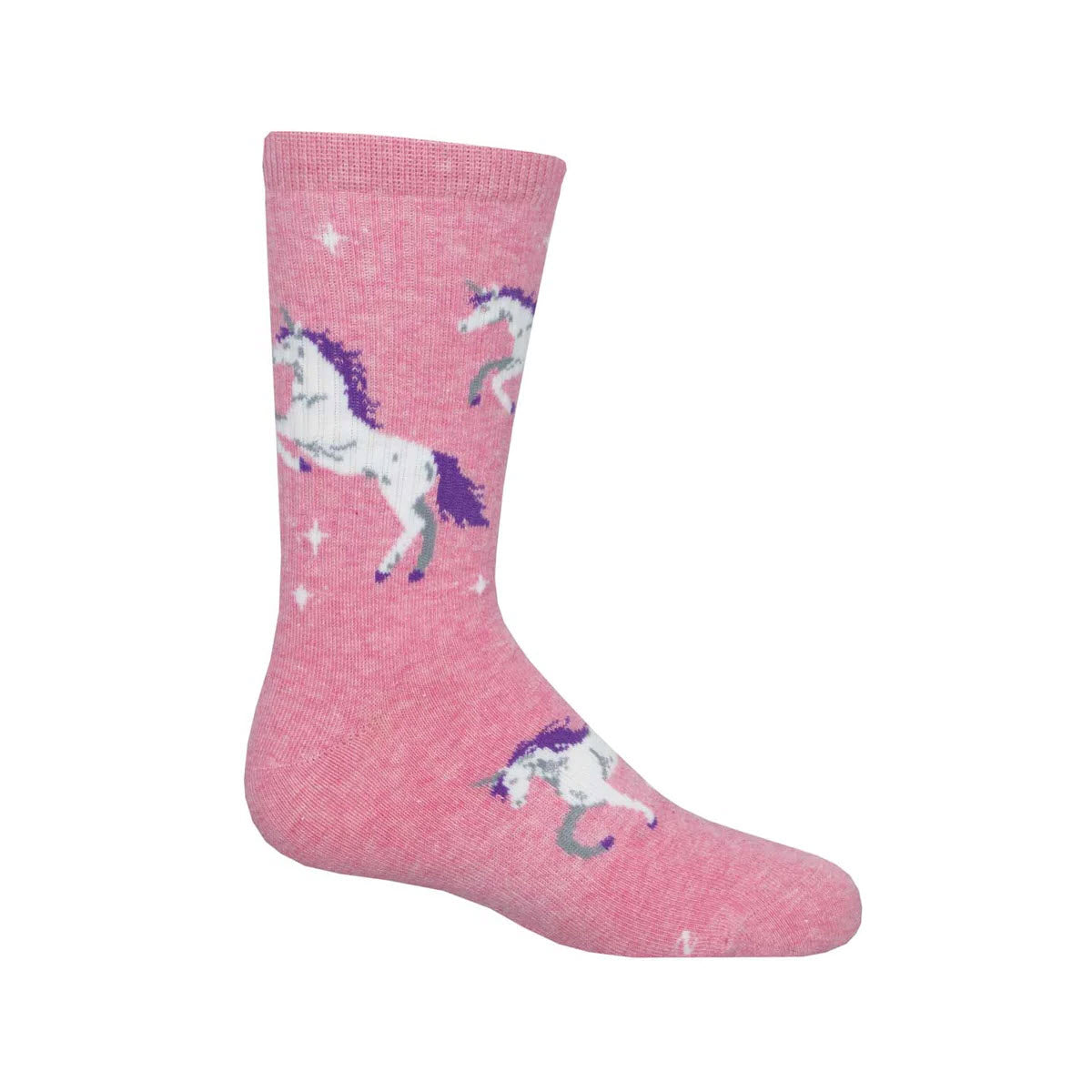 SOCKSMITH UNICORN STARS CREW SOCKS PINK - KIDS by Socksmith feature a fun design with a purple unicorn print and white shooting stars.