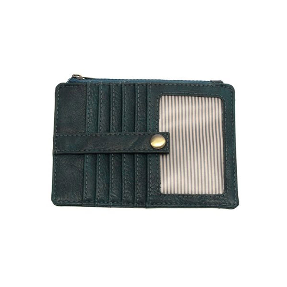 The Joy Susan Penny Mini Wallet in vivid teal is a compact vegan leather wallet featuring multiple card slots, a transparent ID window, and a snap button closure to keep your essentials organized.