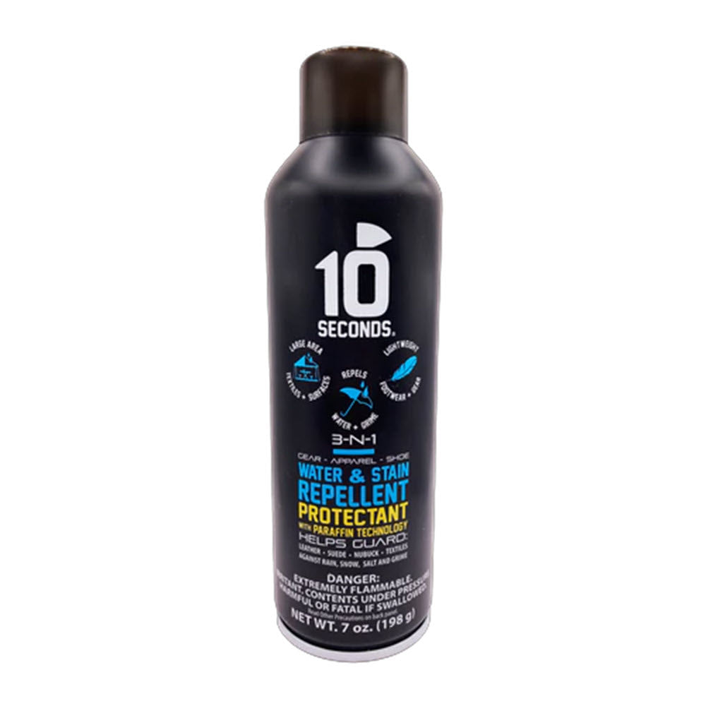 A 7 oz can of 10 SECOND 3-N-1 WATER &amp; STAIN REPELLANT from the brand 10 SECOND, utilizing advanced Paraffin Technology for superior protection against water and stains on gear and apparel.