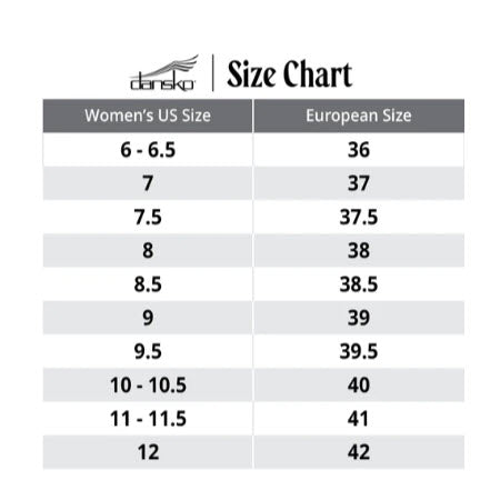 Dansko women&#39;s shoe size chart compares US sizes (6 to 12) to European sizes (36 to 42). Known for their chic comfort, shoes like the Dansko DANSKO MOLLIE PEWTER - WOMENS offer excellent arch support.