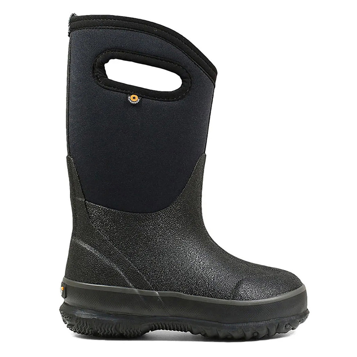 Waterproof CLASSIC SOLID BLACK neoprene and rubber boot with handle for easy wearing, in size 7 youth by Bogs.