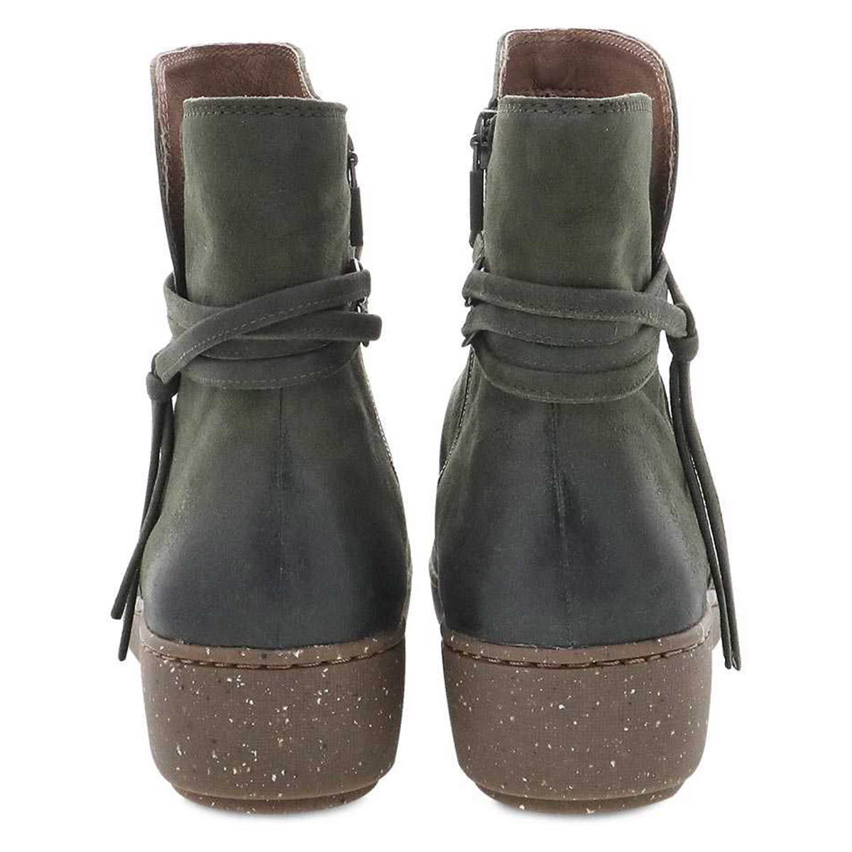 Rear view of a comfortable and contemporary pair of green Dansko Evelyn Lichen Burnished Suede booties with wrapped straps and zipper closures.