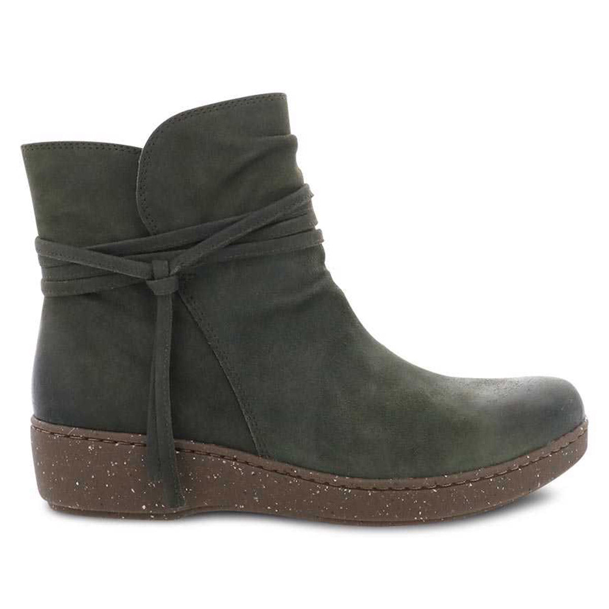 A green Dansko Evelyn Lichen Burnished Suede bootie with a wraparound lace detail, stain resistance, and a low heel.