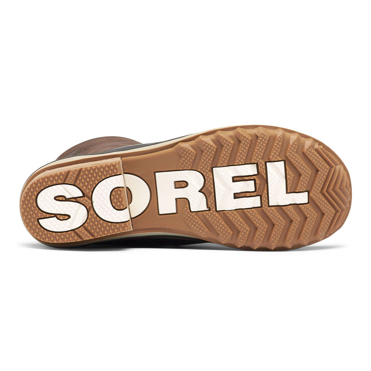 Brown and black waterproof Sorel Slimpack III Lace boot sole with brand name &quot;Sorel&quot; displayed in the middle.