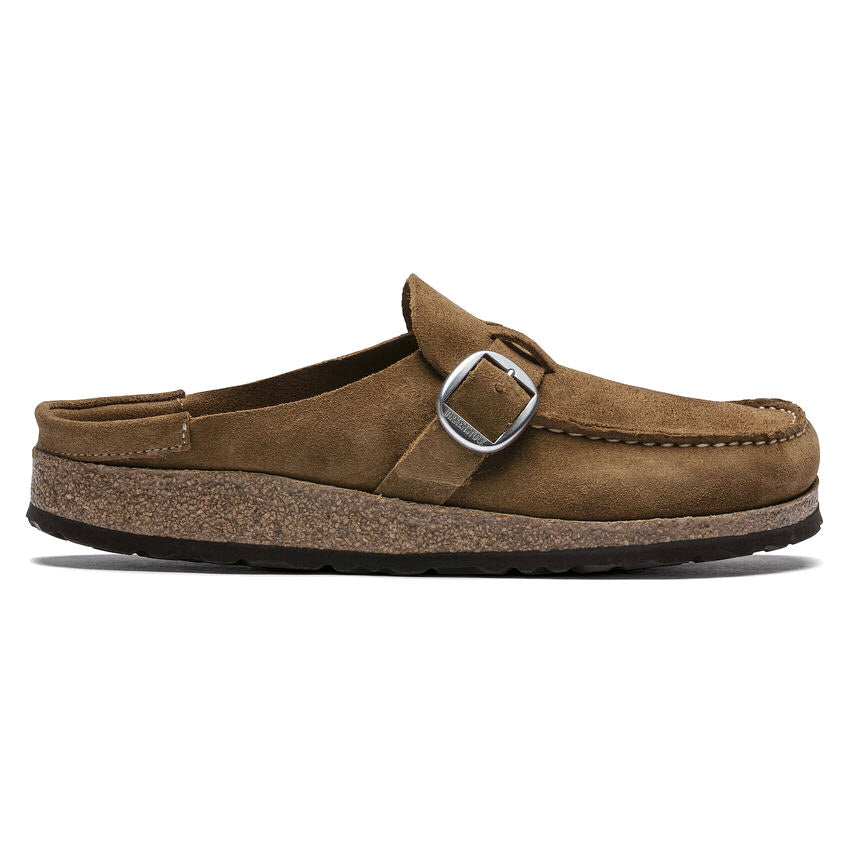 Men's brown suede Birkenstock Buckley with buckle and cork sole.