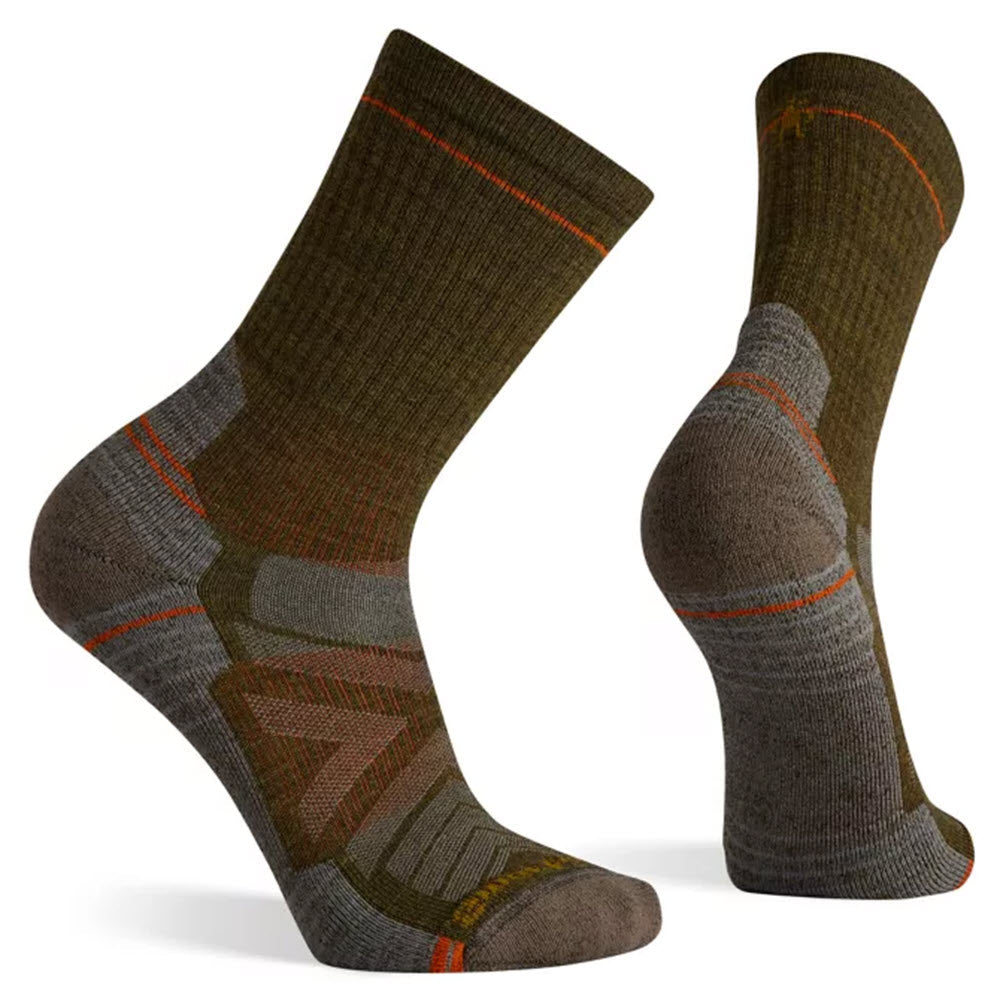 Pair of Smartwool Performance Hike Crew Socks Military Olive - Mens with reinforced heel and toe areas on a white background.