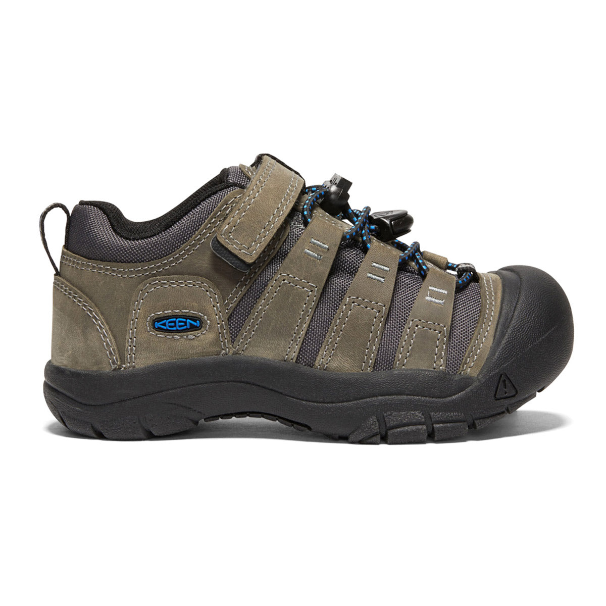 A single steel grey and brilliant blue Keen Newport hiking shoe with hook-and-loop straps and a reinforced toe cap.