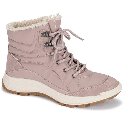 Pink Baretraps Maine Midnight boot with faux fur lining and lace-up front.