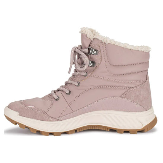 A pink Baretraps Maine Midnight boot with fluffy faux fur lining and laces, isolated on a white background.