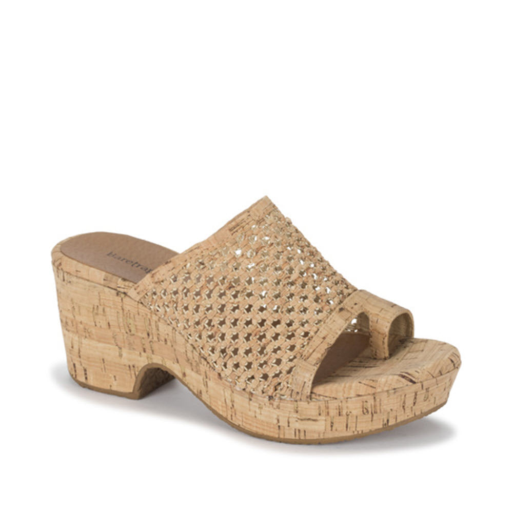 A single Baretraps Bethie Natural Women&#39;s beige cork-wrapped wedge sandal with a woven upper design.