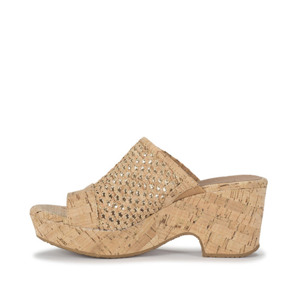 A Baretraps Bethie Natural - Womens wedge sandal with woven upper details against a white background.